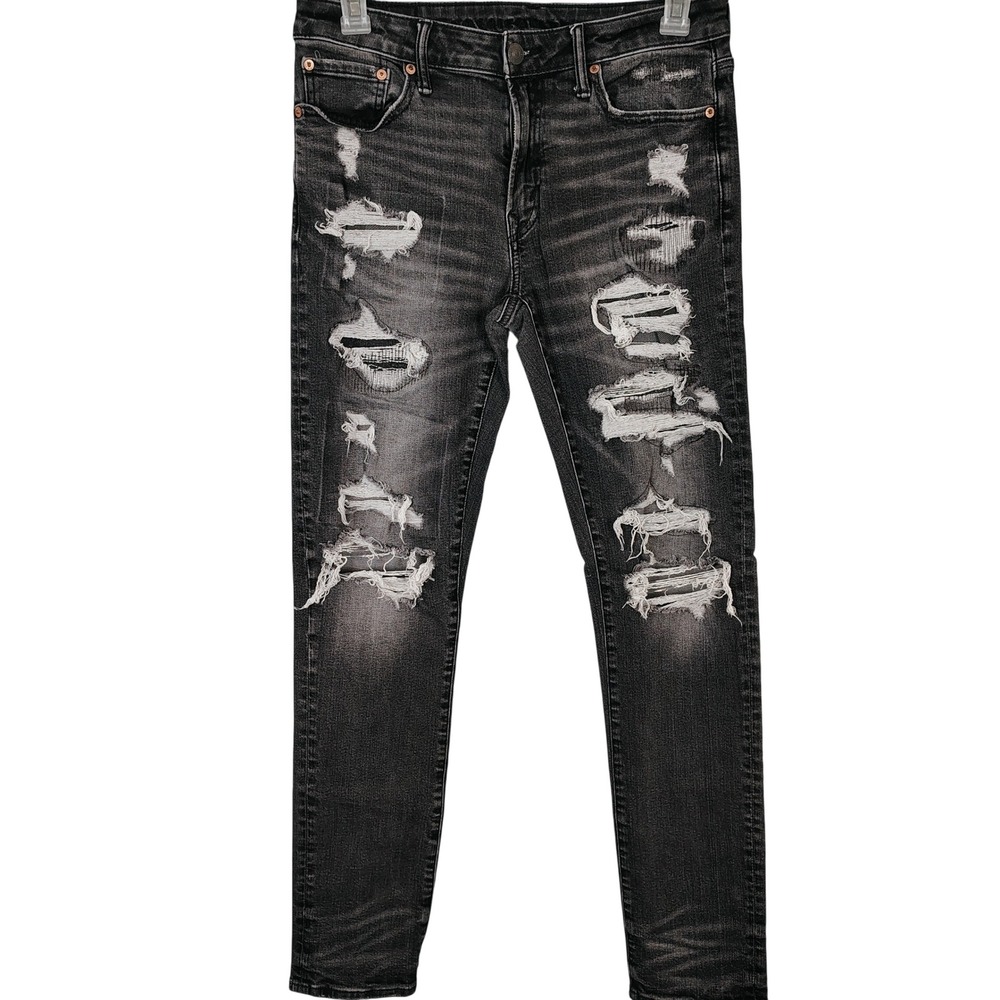 American Eagle Airflex+ Skinny Distressed Black Jeans Mens 32x33 grunge rock